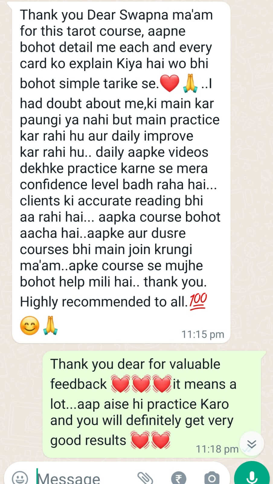Student feedback about the tarot course